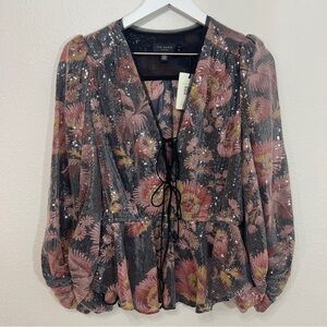 Ted Baker JUUDIE Sequin Floral Blouse Balloon Sleeve Tie Neck Party Top